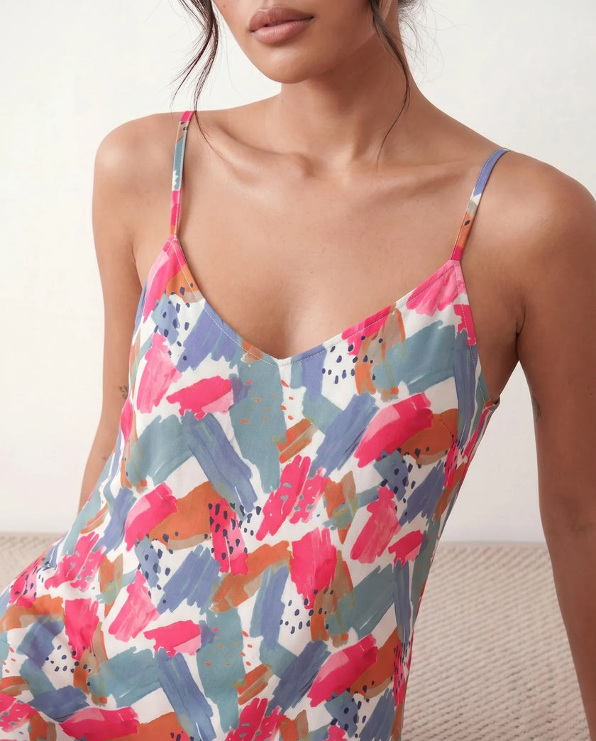 Slip Maxi Dress Women V-Neck Spaghetti Strap Open Back Abstract Print