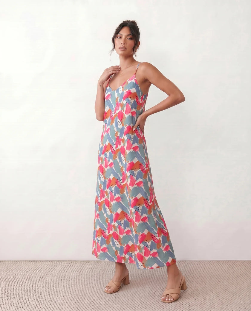 Slip Maxi Dress Women V-Neck Spaghetti Strap Open Back Abstract Print