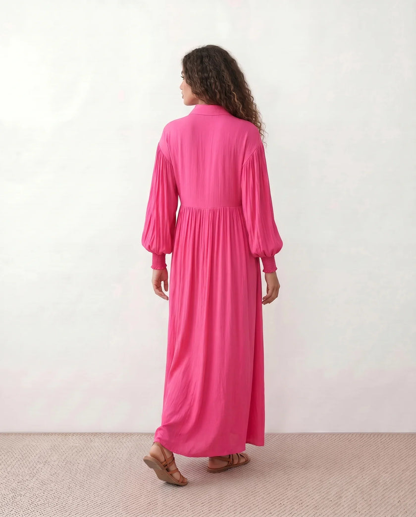 Maxi Dress Women V-Neck Button Front Long Sleeve Front Slit Rose