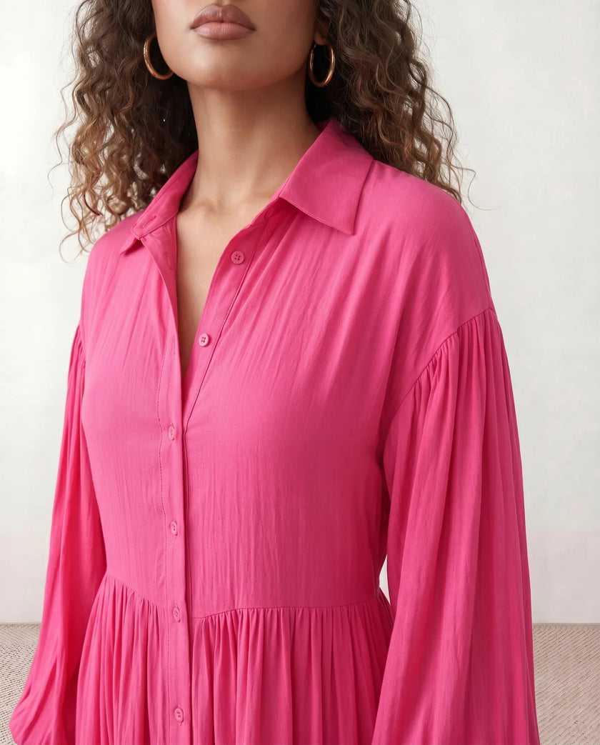Maxi Dress Women V-Neck Button Front Long Sleeve Front Slit Rose