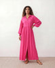 Maxi Dress Women V-Neck Button Front Long Sleeve Front Slit Rose