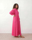 Maxi Dress Women V-Neck Button Front Long Sleeve Front Slit Rose