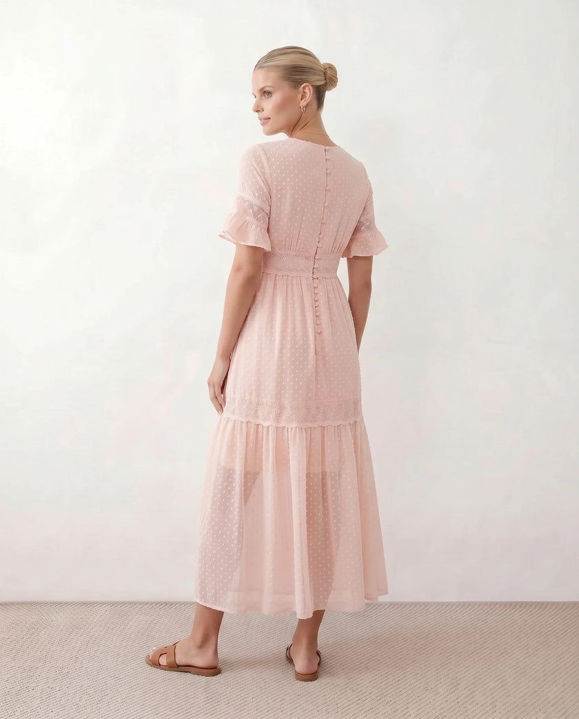 Polka Dot Maxi Dress Women Empire Waist Tiered V-Neck Wedding Guest