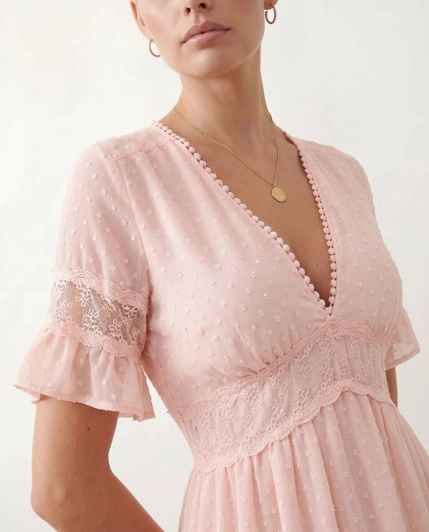 Polka Dot Maxi Dress Women Empire Waist Tiered V-Neck Wedding Guest