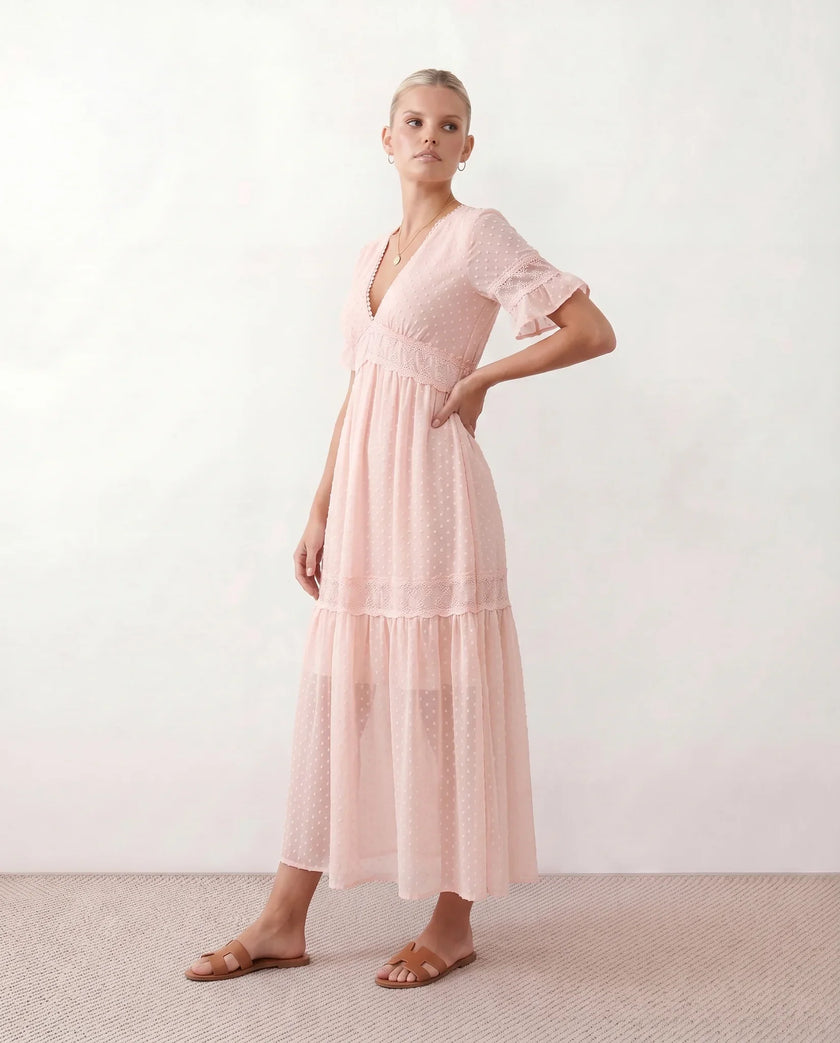 Polka Dot Maxi Dress Women Empire Waist Tiered V-Neck Wedding Guest