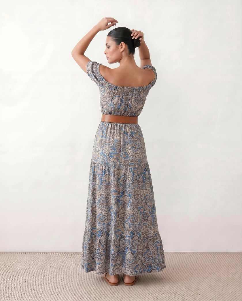 Paisley Maxi Dress Women Off-Shoulder A-Line Tiered Blue