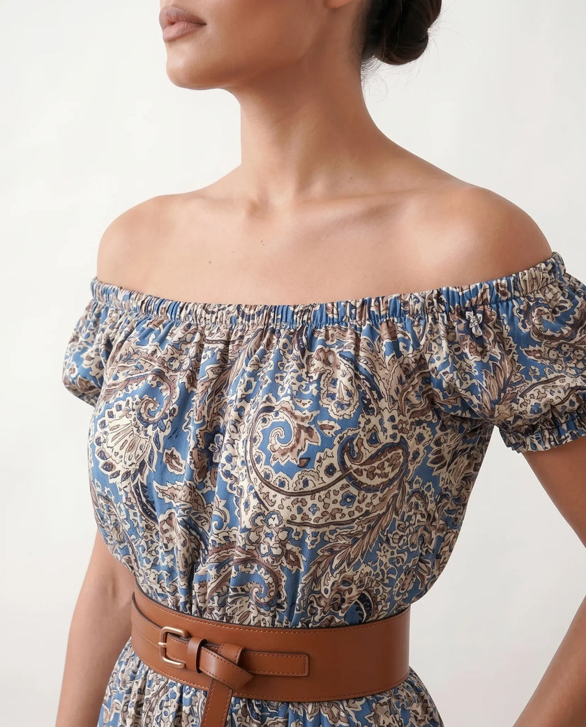 Paisley Maxi Dress Women Off-Shoulder A-Line Tiered Blue