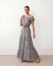 Paisley Maxi Dress Women Off-Shoulder A-Line Tiered Blue