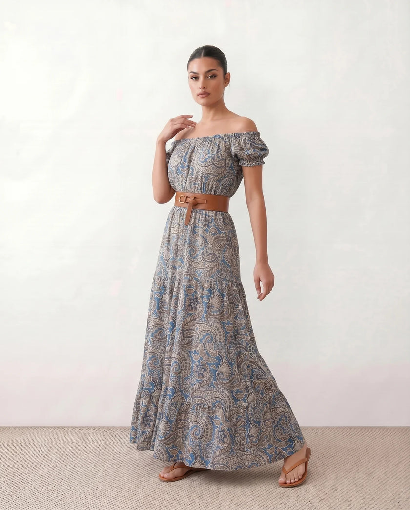 Paisley Maxi Dress Women Off-Shoulder A-Line Tiered Blue
