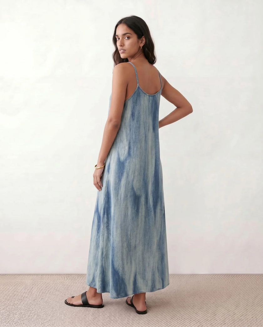 Slip Maxi Dress Women V-Neck Spaghetti Strap Abstract Print Blue