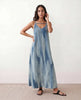 Slip Maxi Dress Women V-Neck Spaghetti Strap Abstract Print Blue
