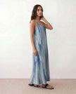 Slip Maxi Dress Women V-Neck Spaghetti Strap Abstract Print Blue