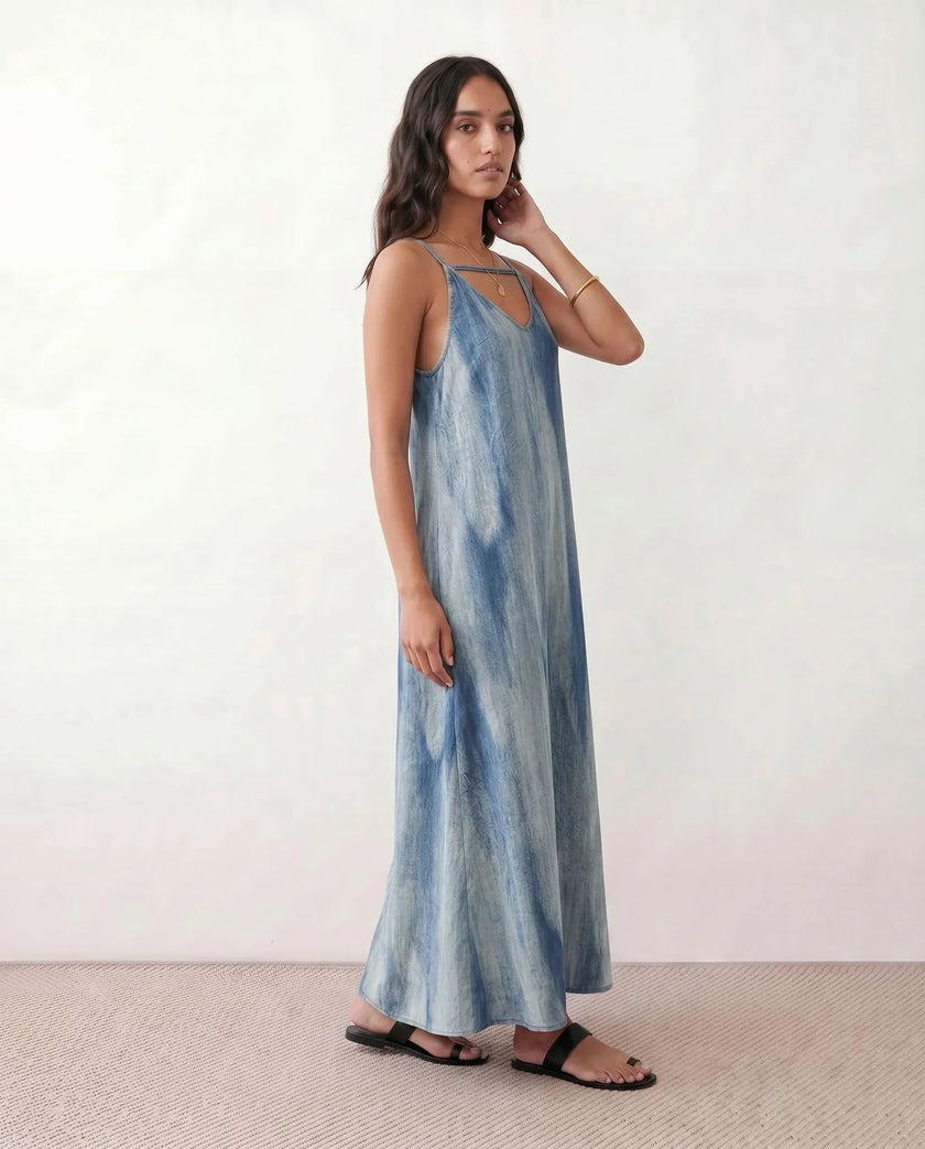 Slip Maxi Dress Women V-Neck Spaghetti Strap Abstract Print Blue