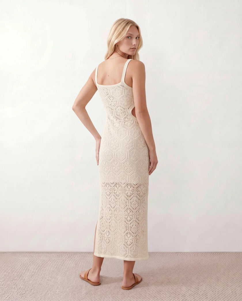 Crochet Maxi Dress Women Square Neck Spaghetti Strap Cutout Slit