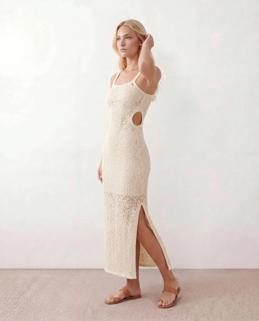 Crochet Maxi Dress Women Square Neck Spaghetti Strap Cutout Slit