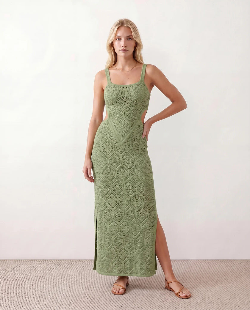 Crochet Maxi Dress Women Square Neck Spaghetti Strap Cutout Slit