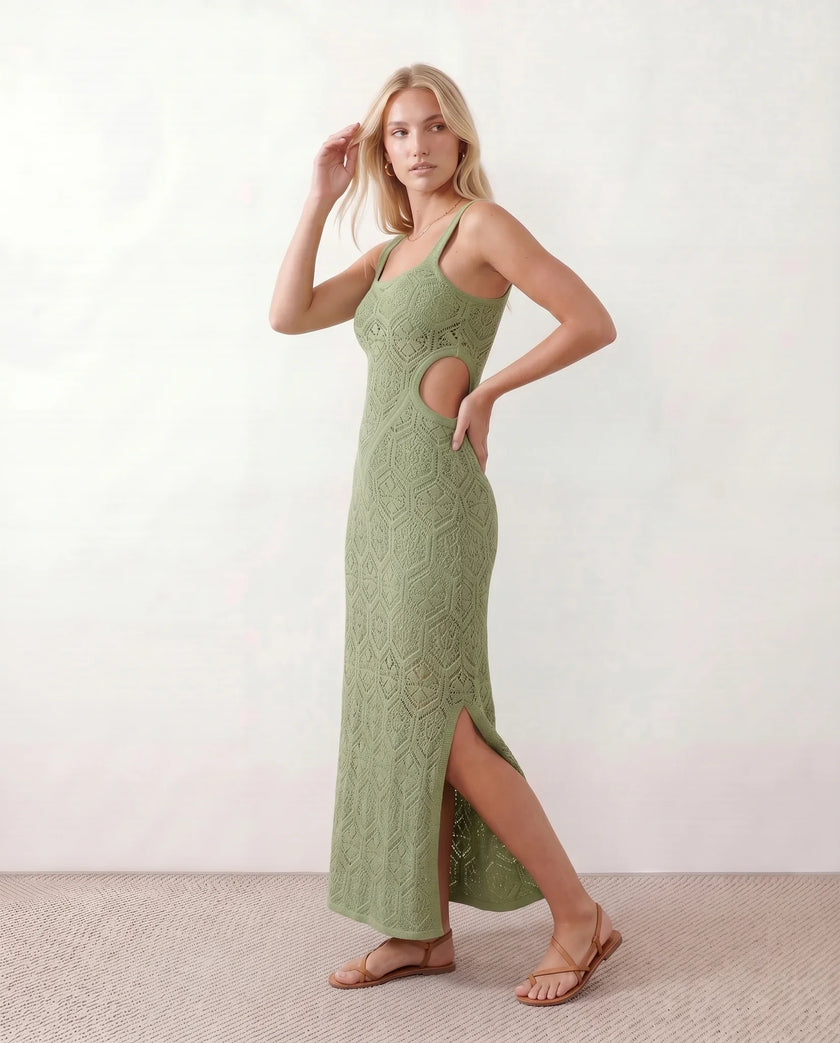 Crochet Maxi Dress Women Square Neck Spaghetti Strap Cutout Slit