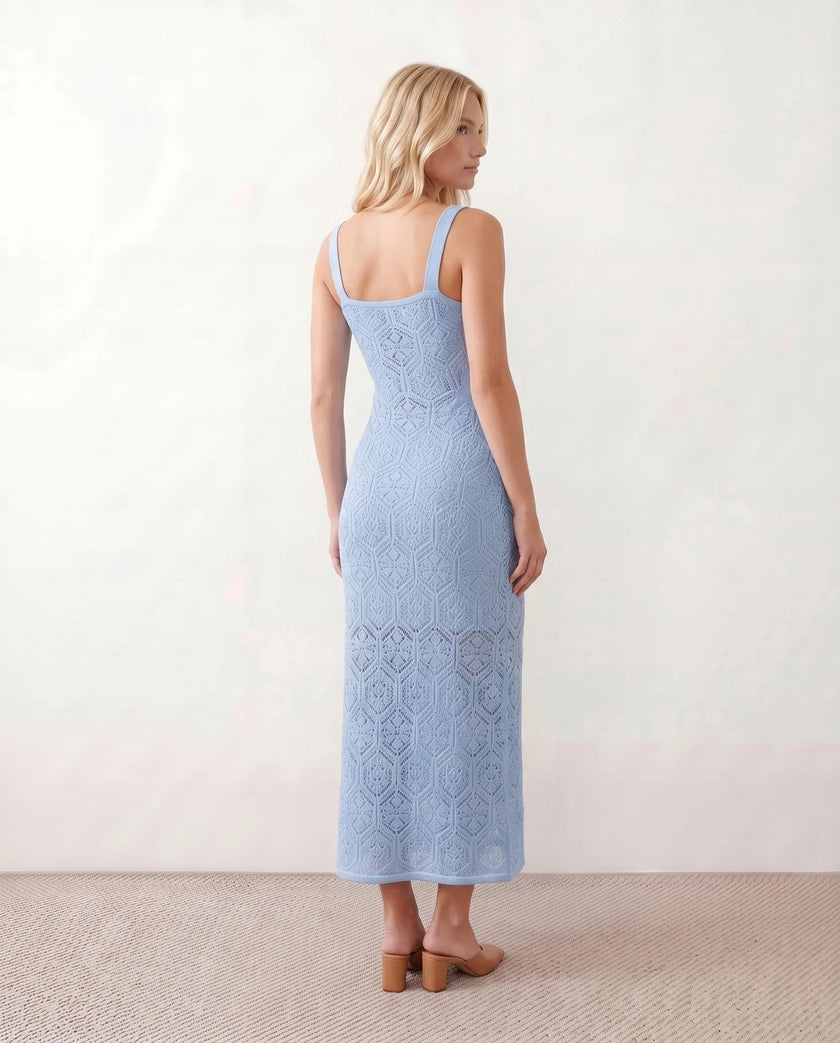 Crochet Maxi Dress Women Square Neck Spaghetti Strap Cutout Slit