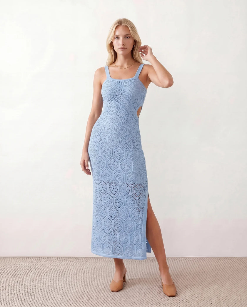 Crochet Maxi Dress Women Square Neck Spaghetti Strap Cutout Slit
