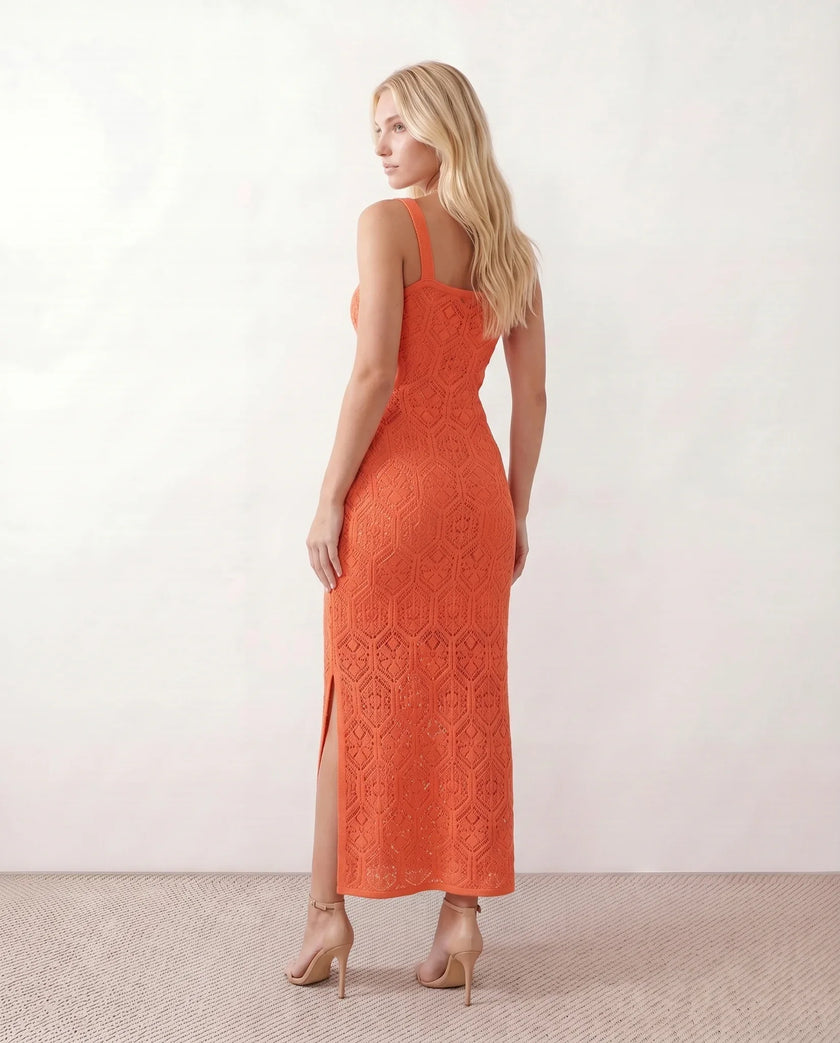 Crochet Maxi Dress Women Square Neck Spaghetti Strap Cutout Slit