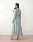 Silk Maxi Dress Women Abstract Print Pleated Neck Wedding Guest Sky Blue