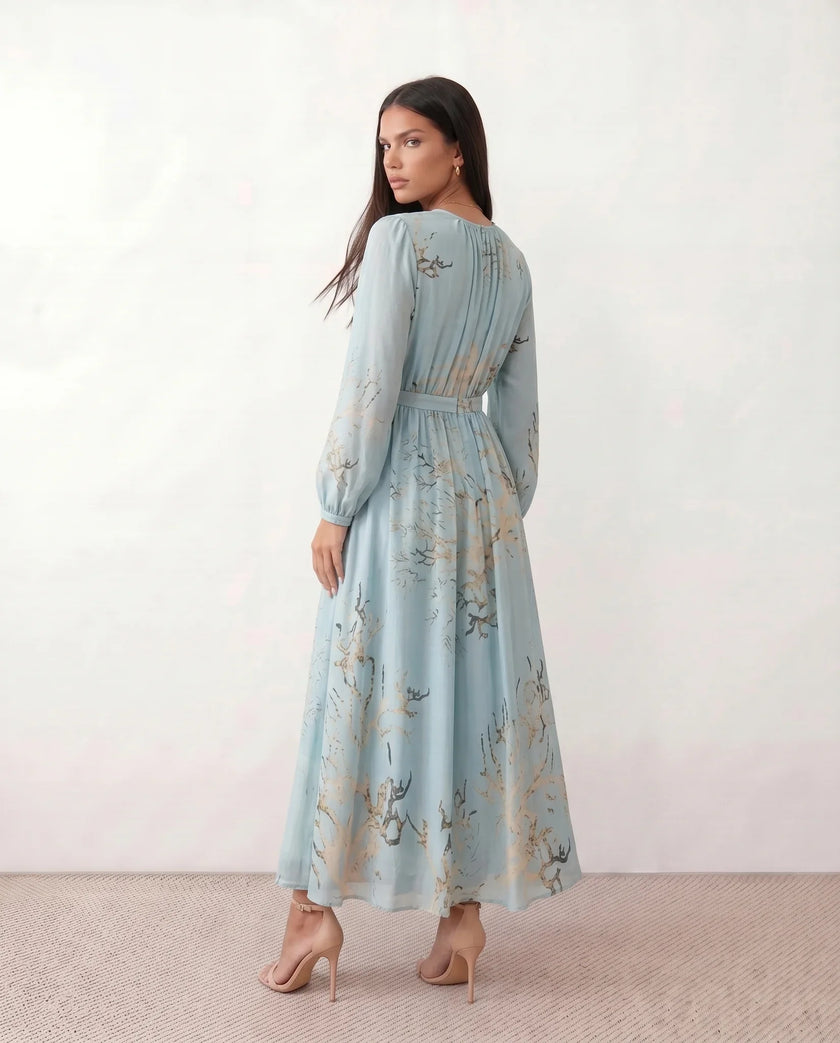 Silk Maxi Dress Women Abstract Print Pleated Neck Wedding Guest Sky Blue