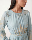 Silk Maxi Dress Women Abstract Print Pleated Neck Wedding Guest Sky Blue