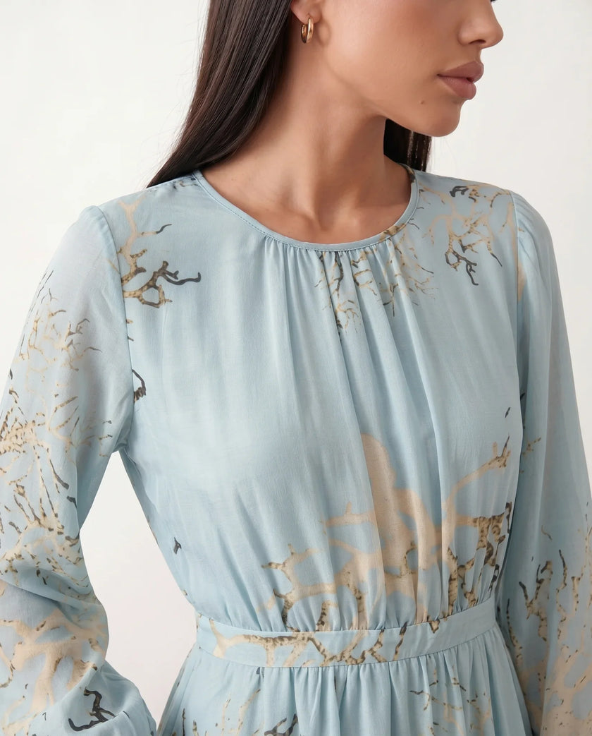 Silk Maxi Dress Women Abstract Print Pleated Neck Wedding Guest Sky Blue