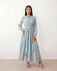 Silk Maxi Dress Women Abstract Print Pleated Neck Wedding Guest Sky Blue