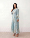 Silk Maxi Dress Women Abstract Print Pleated Neck Wedding Guest Sky Blue
