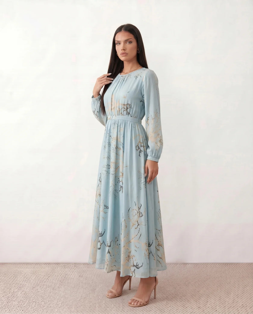 Silk Maxi Dress Women Abstract Print Pleated Neck Wedding Guest Sky Blue