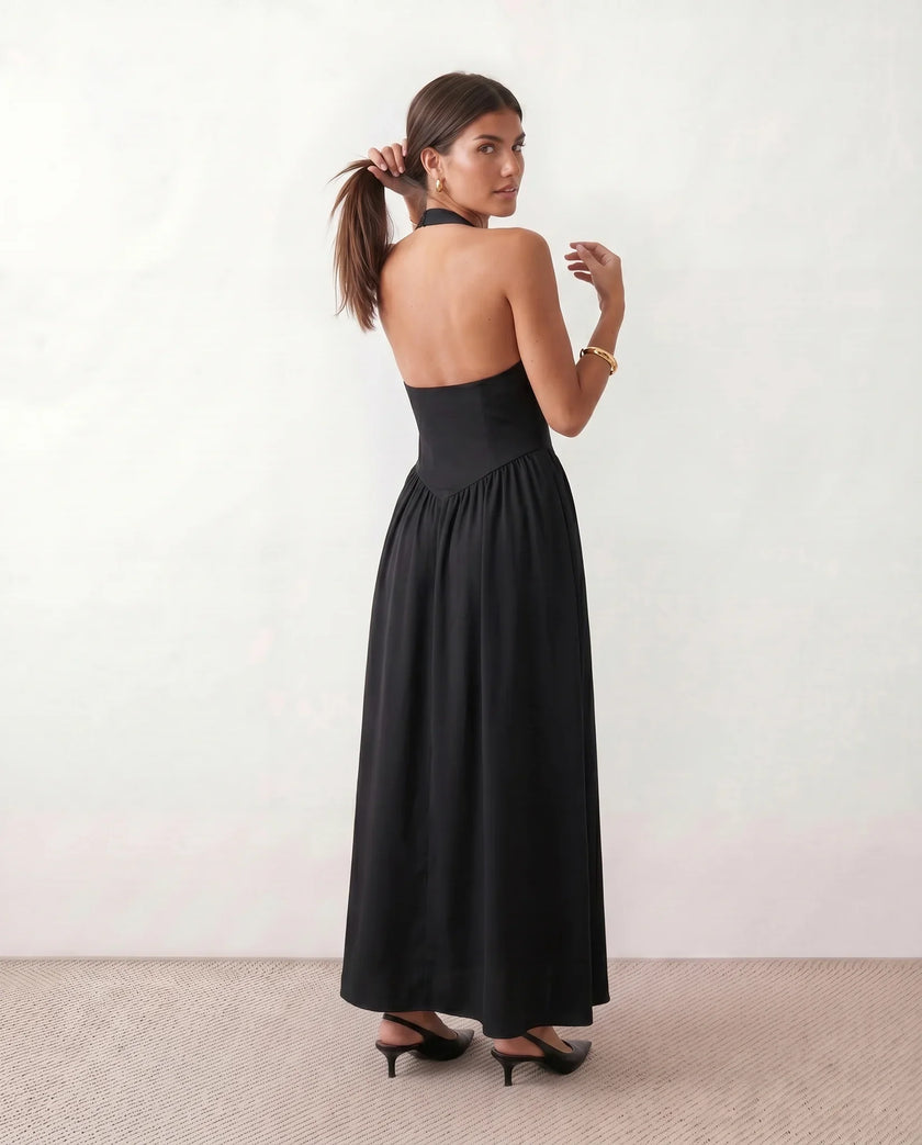 Halter Maxi Dress Women, Basque Waist Open Back A-Line Formal Occasion