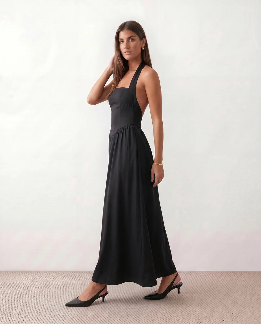 Halter Maxi Dress Women, Basque Waist Open Back A-Line Formal Occasion