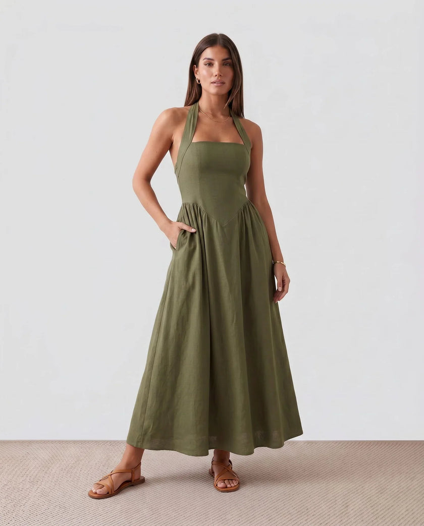 Halter Maxi Dress Women, Basque Waist Open Back A-Line Formal Occasion