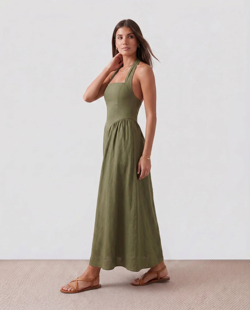 Halter Maxi Dress Women, Basque Waist Open Back A-Line Formal Occasion