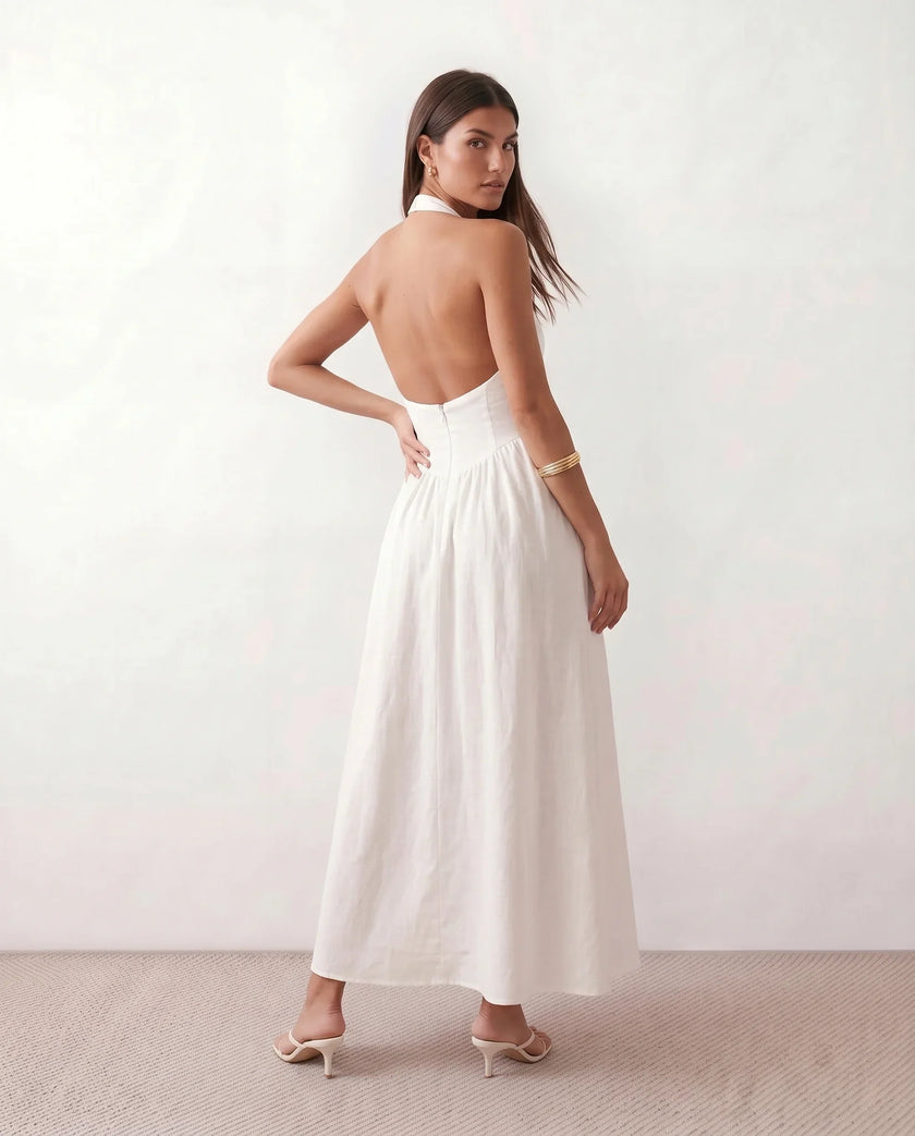 Halter Maxi Dress Women, Basque Waist Open Back A-Line Formal Occasion