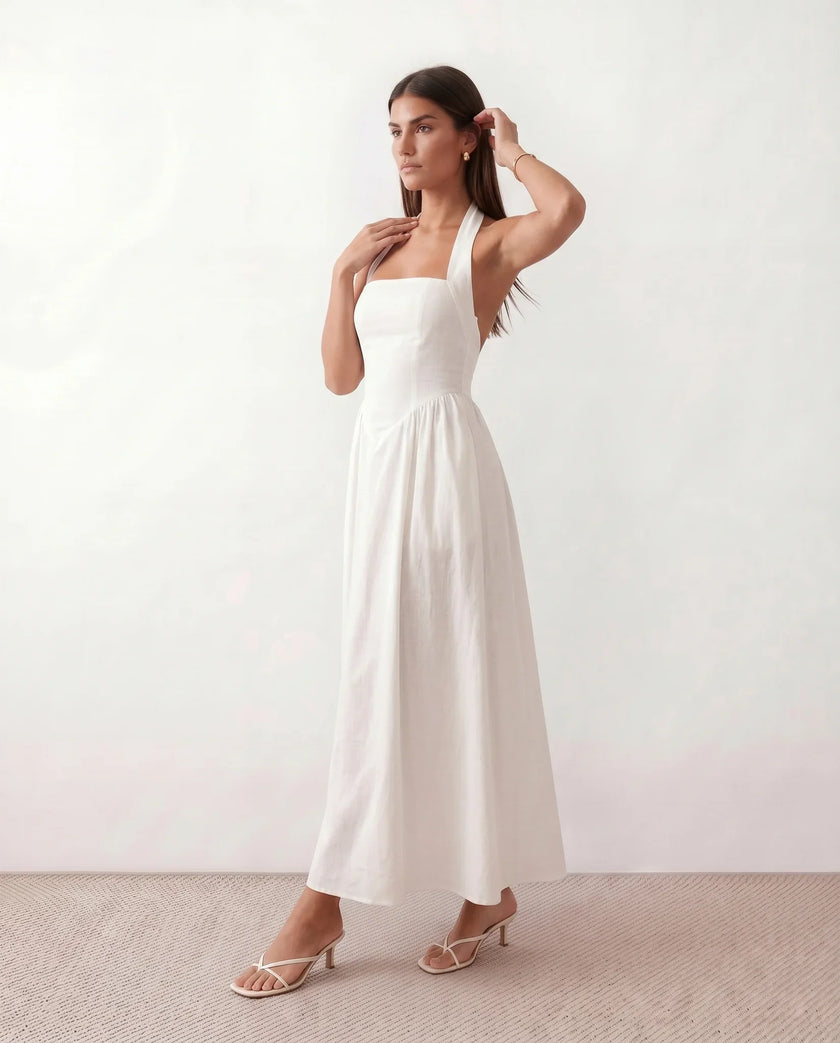 Halter Maxi Dress Women, Basque Waist Open Back A-Line Formal Occasion