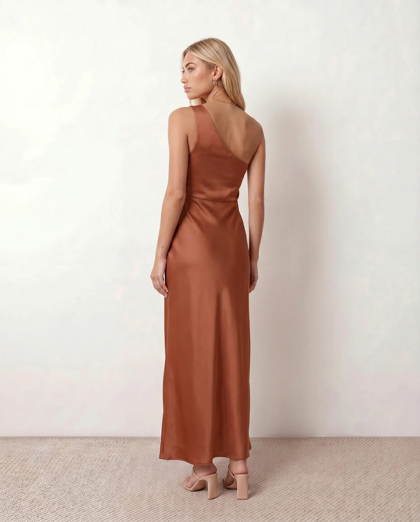 Glossy Slip Maxi Dress Women Wedding Guest One-Shoulder Low Back