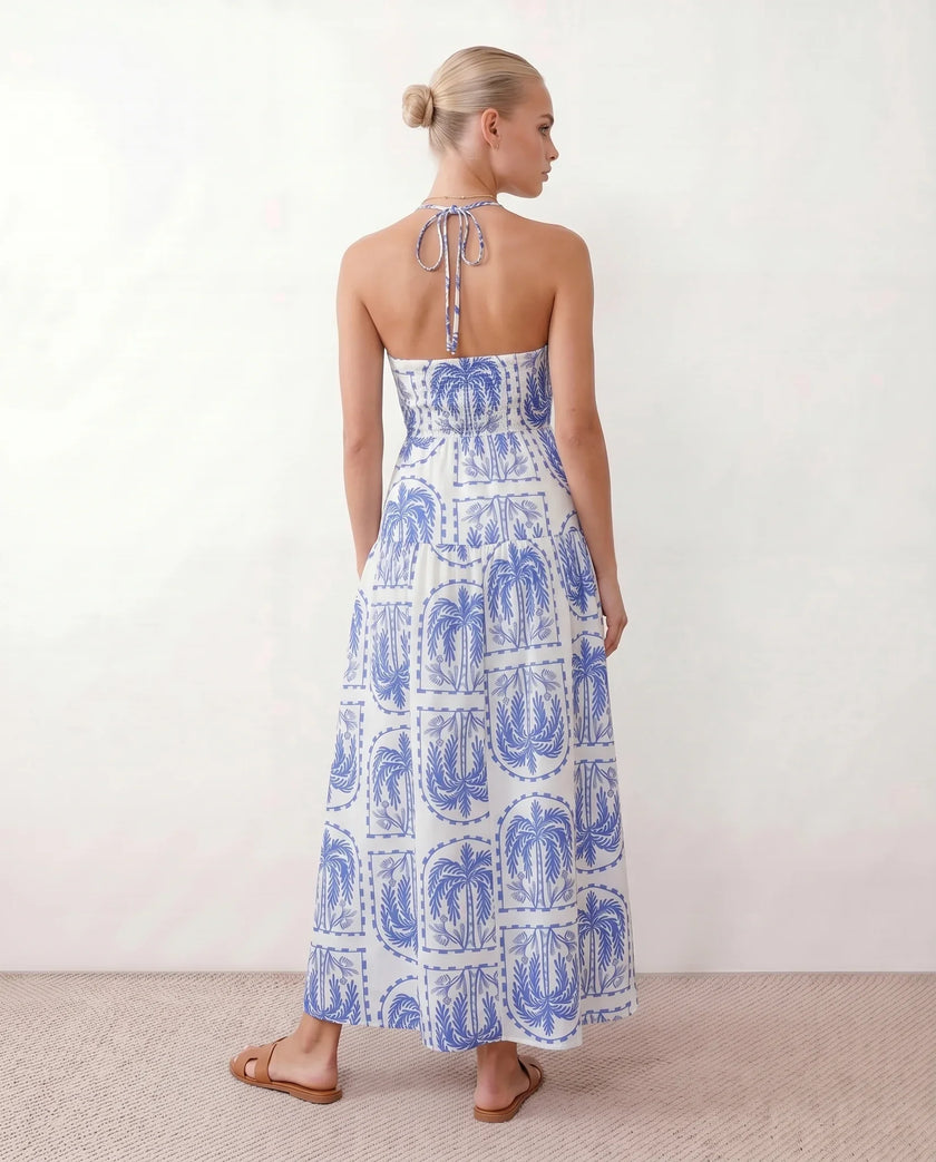 Geometric Maxi Dress Women Spaghetti Strap Low Back Tiered