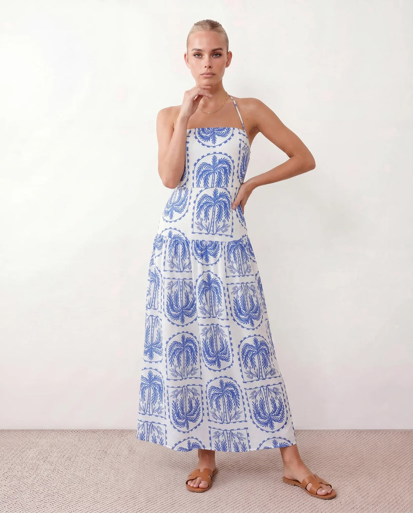 Geometric Maxi Dress Women Spaghetti Strap Low Back Tiered