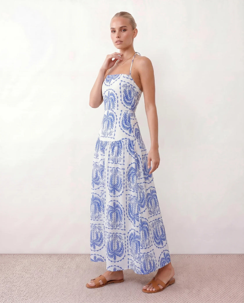 Geometric Maxi Dress Women Spaghetti Strap Low Back Tiered