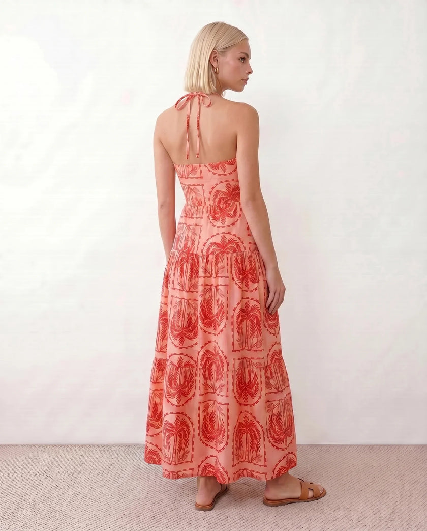 Geometric Maxi Dress Women Spaghetti Strap Low Back Tiered