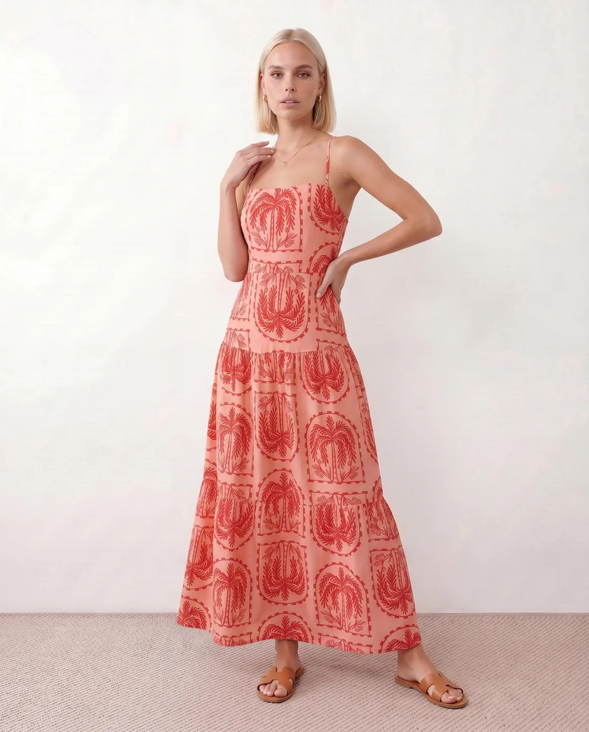 Geometric Maxi Dress Women Spaghetti Strap Low Back Tiered