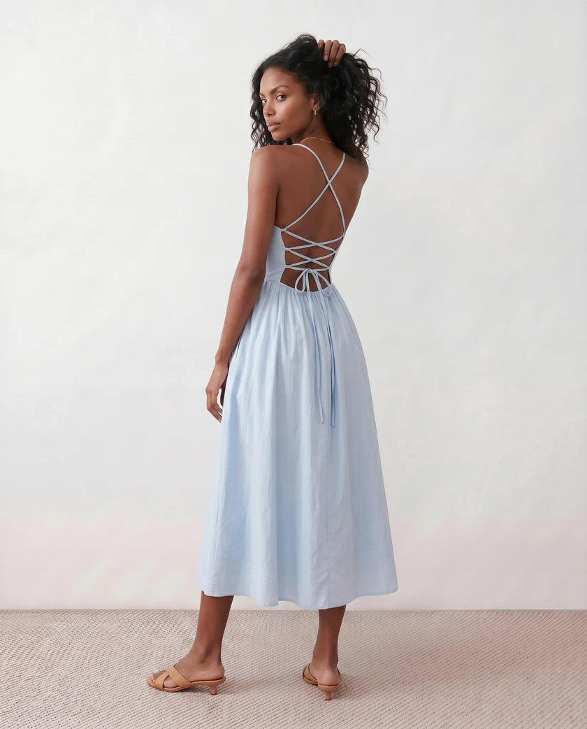 Lace-Up Back Midi Dress Women Square Neck A-Line Light Blue