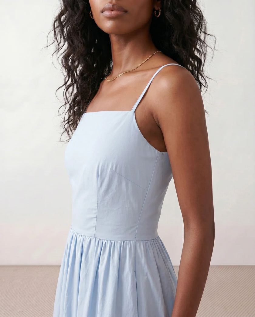 Lace-Up Back Midi Dress Women Square Neck A-Line Light Blue
