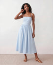 Lace-Up Back Midi Dress Women Square Neck A-Line Light Blue