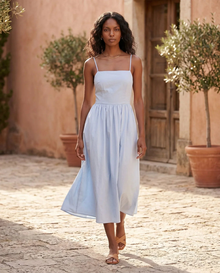 Lace-Up Back Midi Dress Women Square Neck A-Line Light Blue