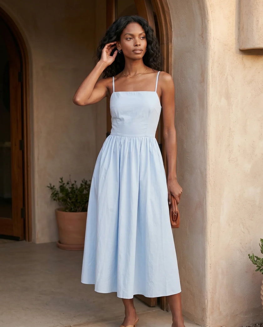 Lace-Up Back Midi Dress Women Square Neck A-Line Light Blue