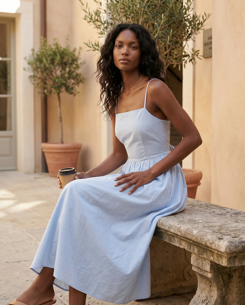 Lace-Up Back Midi Dress Women Square Neck A-Line Light Blue