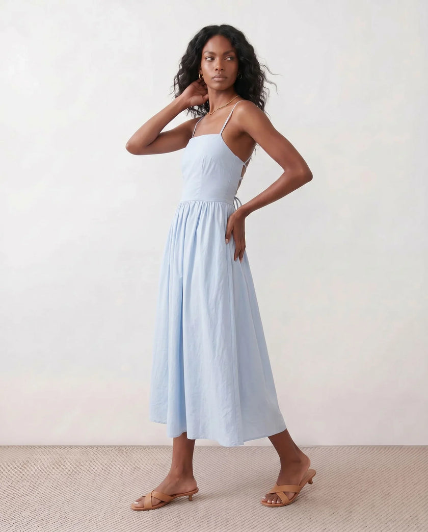 Lace-Up Back Midi Dress Women Square Neck A-Line Light Blue